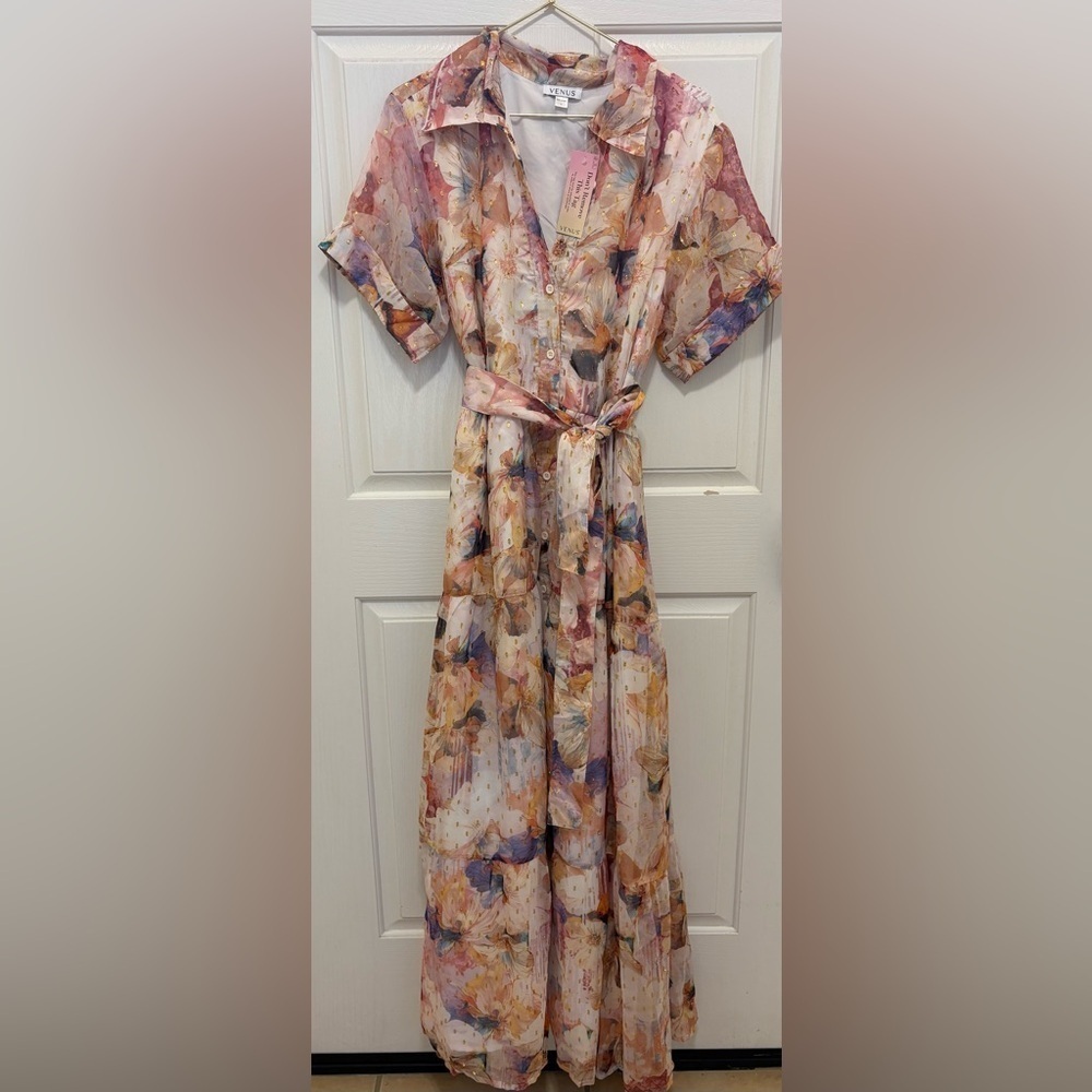 VENUS Floral Shine Detail Maxi Digital Wildflowers sheer Dress - Picture 9 of 10